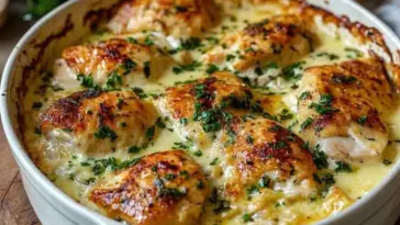 Close-up of creamy French chicken casserole baked with golden skin, herbs, and white wine sauce in a round white casserole dish.