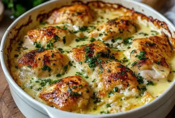 Close-up of creamy French chicken casserole baked with golden skin, herbs, and white wine sauce in a round white casserole dish.