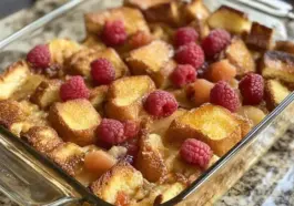 A glass baking dish filled with golden-brown baked French toast casserole, topped with fresh red raspberries and crispy toasted bread cubes on a granite countertop.