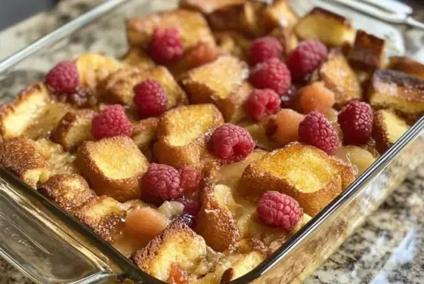 A glass baking dish filled with golden-brown baked French toast casserole, topped with fresh red raspberries and crispy toasted bread cubes on a granite countertop.