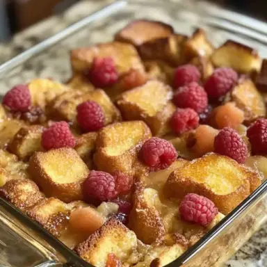 Close-up of a golden-brown French toast casserole baked in a glass dish, topped with fresh raspberries and visible chunks of custard-soaked bread.