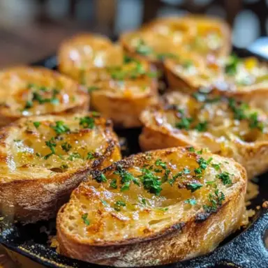 Golden slices of crispy homemade garlic bread topped with melted butter, minced garlic, and chopped parsley, served on a cast-iron skillet.