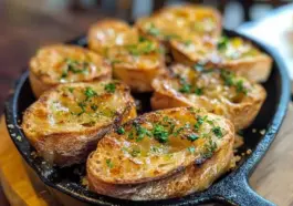 Close-up of golden-brown garlic bread slices topped with melted garlic butter and chopped parsley, arranged in a black cast-iron skillet.