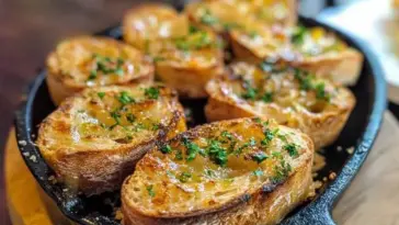 Close-up of golden-brown garlic bread slices topped with melted garlic butter and chopped parsley, arranged in a black cast-iron skillet.