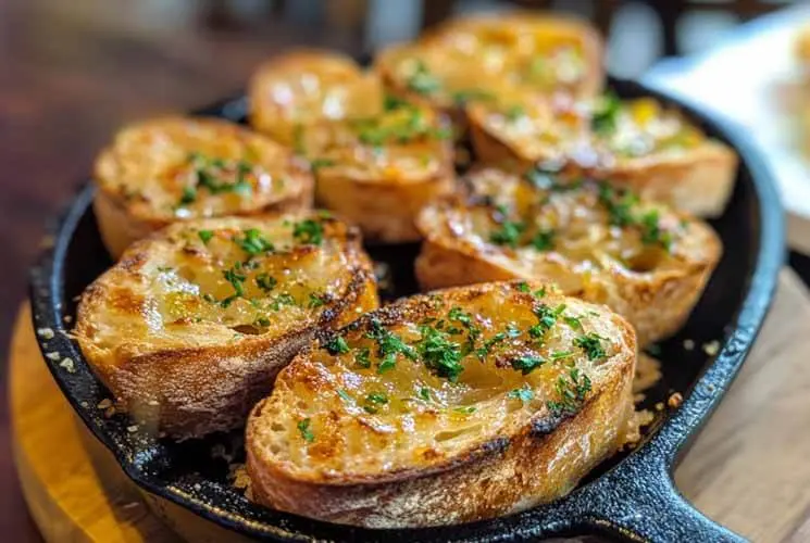 Close-up of golden-brown garlic bread slices topped with melted garlic butter and chopped parsley, arranged in a black cast-iron skillet.