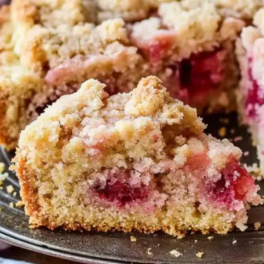 Close-up of a slice of gluten free rhubarb crumb cake with golden crumble topping and vibrant rhubarb chunks on a rustic plate.