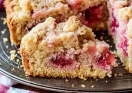 Slice of gluten free rhubarb crumb cake on a dark plate, showing golden crumble topping and vibrant baked rhubarb pieces.