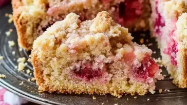 Slice of gluten free rhubarb crumb cake on a dark plate, showing golden crumble topping and vibrant baked rhubarb pieces.