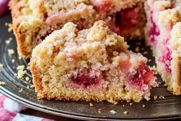 Slice of gluten free rhubarb crumb cake on a dark plate, showing golden crumble topping and vibrant baked rhubarb pieces.