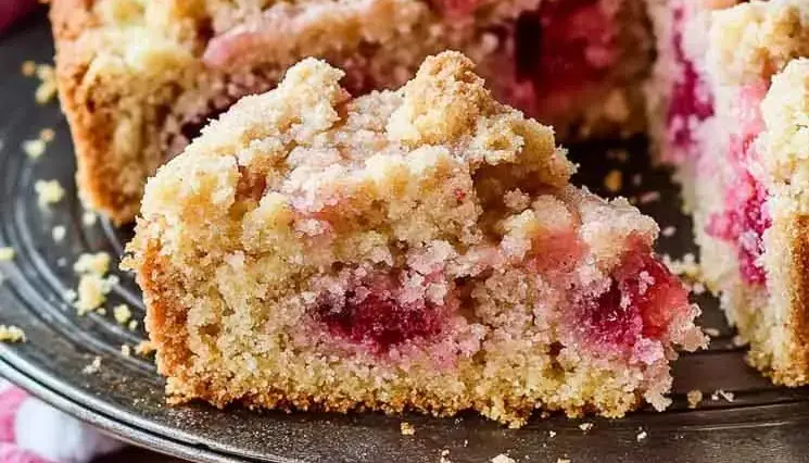 Slice of gluten free rhubarb crumb cake on a dark plate, showing golden crumble topping and vibrant baked rhubarb pieces.