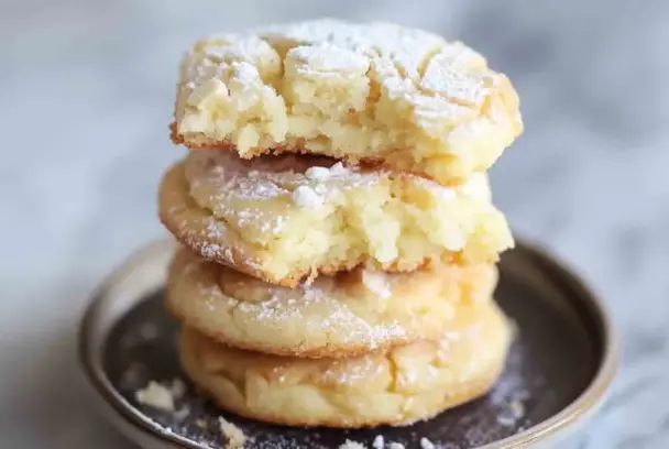 Close-up stack of gooey butter cake cookies dusted with powdered sugar, showing a soft, moist interior and slightly crisp edges.
