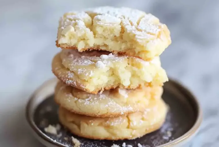 Close-up stack of gooey butter cake cookies dusted with powdered sugar, showing a soft, moist interior and slightly crisp edges.