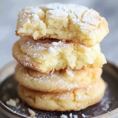 Stack of gooey butter cake cookies dusted with powdered sugar, with one cookie broken in half to show the soft and gooey inside texture.