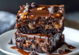 Two gooey chocolate caramel turtle cake bars stacked on a white plate, dripping with melted caramel and topped with chocolate chips and chopped pecans.