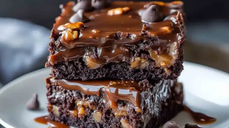 Two gooey chocolate caramel turtle cake bars stacked on a white plate, dripping with melted caramel and topped with chocolate chips and chopped pecans.