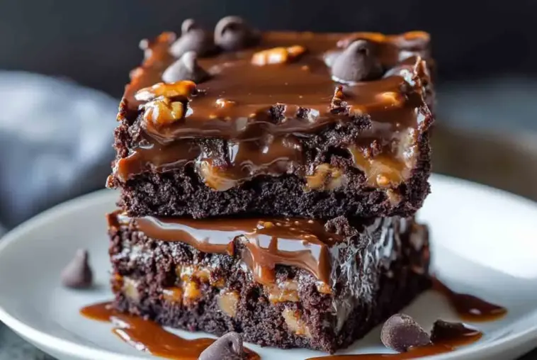 Two gooey chocolate caramel turtle cake bars stacked on a white plate, dripping with melted caramel and topped with chocolate chips and chopped pecans.