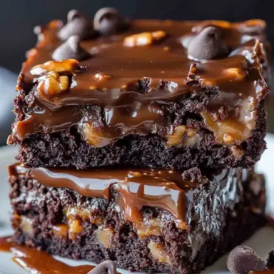 Close-up of two gooey chocolate caramel turtle cake bars stacked on a plate, drizzled with caramel sauce and topped with chocolate chips and pecans.