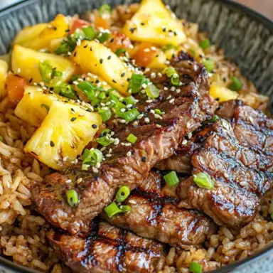 A bowl of grilled Hawaiian teriyaki beef served over garlic fried rice with grilled pineapple chunks, garnished with sesame seeds and chopped scallions.