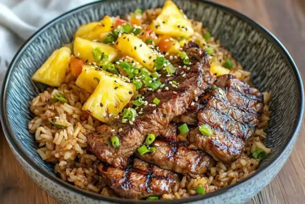 Close-up of a bowl filled with grilled teriyaki beef, golden pineapple chunks, and garlic fried rice, topped with sesame seeds and chopped green onions.