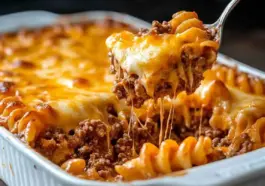Close-up of a cheesy hamburger casserole being scooped from a baking dish, showing spiral pasta, seasoned ground beef, and melted golden cheese strands.