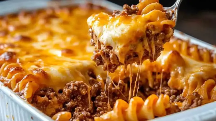 Close-up of a cheesy hamburger casserole being scooped from a baking dish, showing spiral pasta, seasoned ground beef, and melted golden cheese strands.