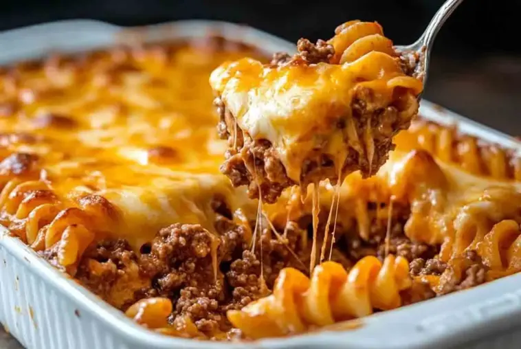 Close-up of a cheesy hamburger casserole being scooped from a baking dish, showing spiral pasta, seasoned ground beef, and melted golden cheese strands.