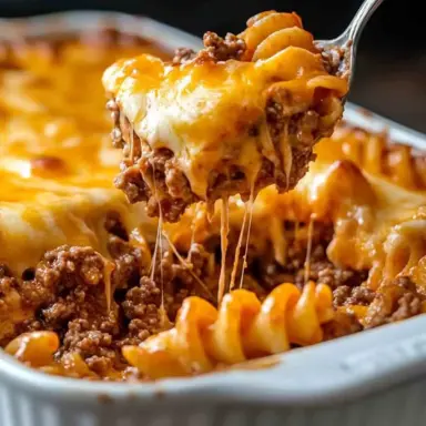 Spoon lifting a cheesy serving of hamburger casserole with rotini pasta and ground beef from a white baking dish, with melted cheese stretching.