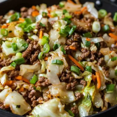 Close-up of Chinese ground beef and cabbage stir fry in a skillet, with carrots, green onions, and tender cabbage in a savory Asian sauce.