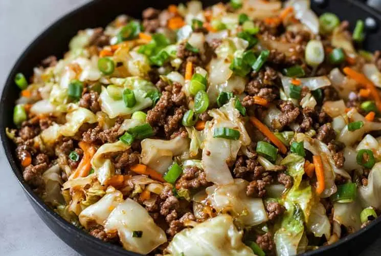 Skillet filled with Chinese ground beef and cabbage stir fry featuring green onions, carrots, and stir-fried cabbage in a savory soy-based sauce.