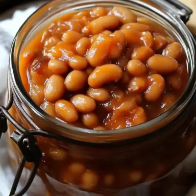 Close-up of a glass jar filled with home canned baked beans in a thick, glossy molasses-based sauce—ready for long-term pantry storage.