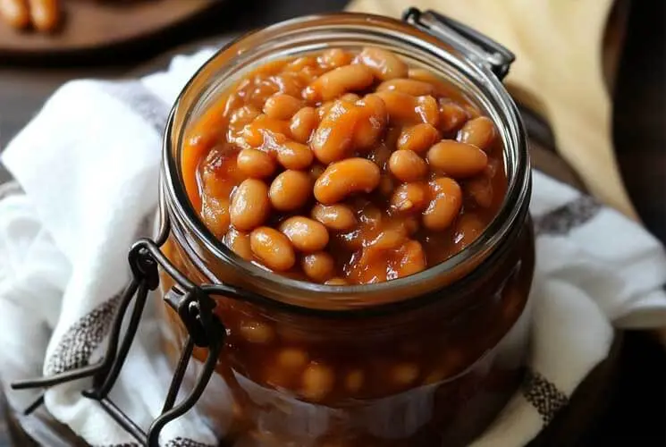 A glass jar filled with home canned baked beans in a thick, sweet molasses sauce, sitting on a kitchen towel with a wooden spoon in the background.