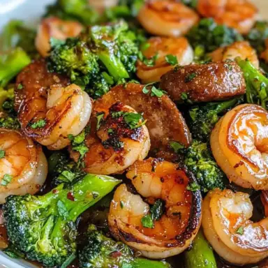 Close-up of honey garlic glazed shrimp, sausage slices, and tender broccoli florets in a glossy sauce, served in a white bowl.
