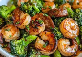 Glazed shrimp, caramelized sausage slices, and vibrant broccoli coated in a sticky honey garlic sauce, served in a white bowl.