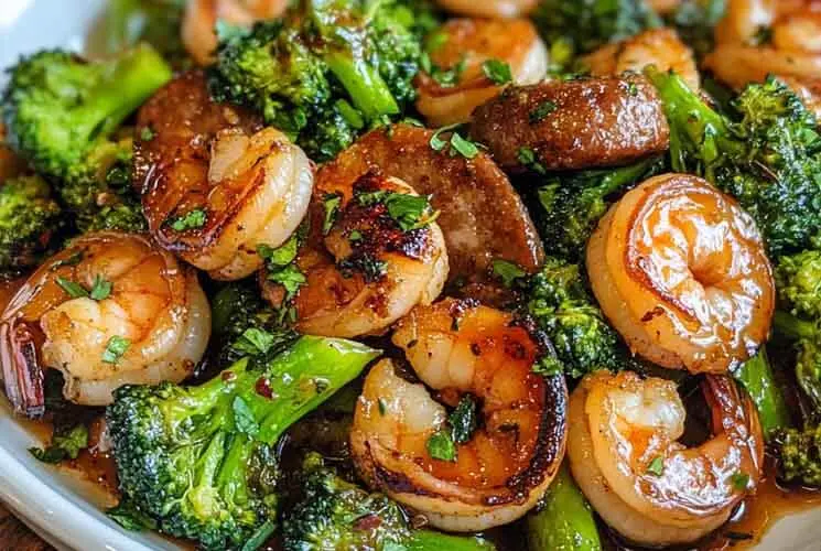 Glazed shrimp, caramelized sausage slices, and vibrant broccoli coated in a sticky honey garlic sauce, served in a white bowl.
