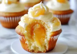 Close-up of a honey peach cupcake with cream cheese frosting and peach filling, showing a moist, fluffy interior and creamy topping.
