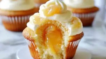 Close-up of a honey peach cupcake with cream cheese frosting and peach filling, showing a moist, fluffy interior and creamy topping.
