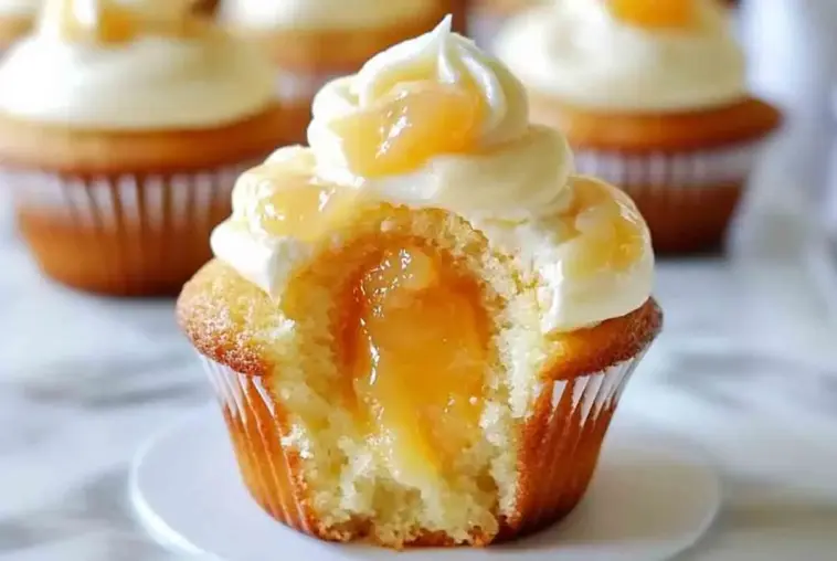 Close-up of a honey peach cupcake with cream cheese frosting and peach filling, showing a moist, fluffy interior and creamy topping.