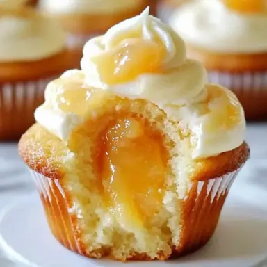 Close-up of a honey peach cream cheese cupcake with a creamy frosting swirl and juicy peach filling, shown with a bite taken out to reveal the moist texture inside.