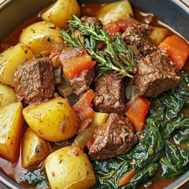 A bowl of Italian beef stew featuring tender chunks of beef, golden roasted potatoes, bright sautéed spinach, and a rich tomato-based broth, garnished with a sprig of fresh rosemary.