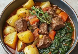 A comforting bowl filled with Italian beef stew, showcasing tender beef chunks, roasted golden potatoes, bright green sautéed spinach, and a savory tomato-based broth, garnished with a fresh rosemary sprig.
