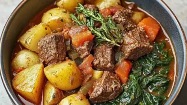 A comforting bowl filled with Italian beef stew, showcasing tender beef chunks, roasted golden potatoes, bright green sautéed spinach, and a savory tomato-based broth, garnished with a fresh rosemary sprig.