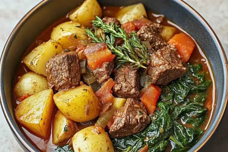 A comforting bowl filled with Italian beef stew, showcasing tender beef chunks, roasted golden potatoes, bright green sautéed spinach, and a savory tomato-based broth, garnished with a fresh rosemary sprig.