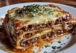 Slice of Italian lasagna with visible layers of meat sauce, pasta, and melted cheese, topped with parsley and served on a white plate.