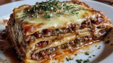 Slice of Italian lasagna with visible layers of meat sauce, pasta, and melted cheese, topped with parsley and served on a white plate.