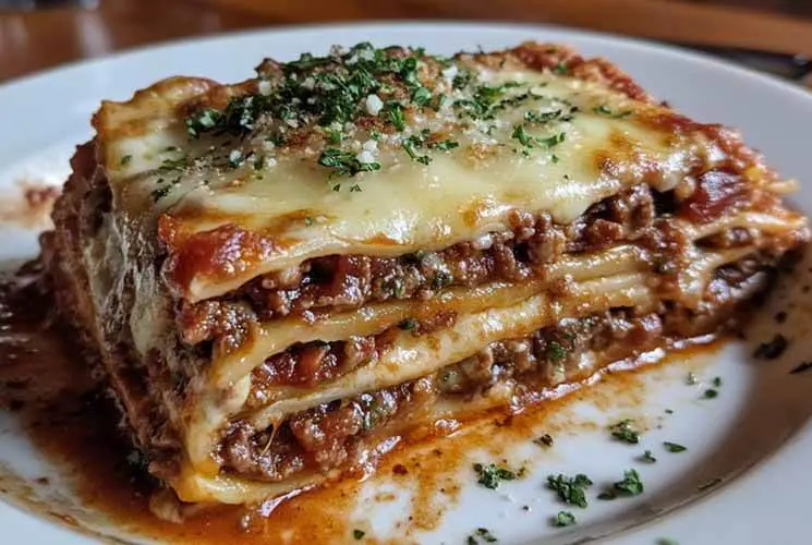Slice of Italian lasagna with visible layers of meat sauce, pasta, and melted cheese, topped with parsley and served on a white plate.