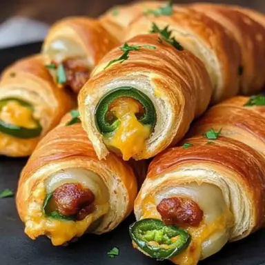 Golden crescent roll bites filled with jalapeños, melted cheddar cheese, and mini sausages, served on a black plate and garnished with fresh parsley.