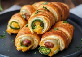 Crescent roll-wrapped appetizers filled with jalapeños, cheddar cheese, and mini sausages, served on a dark plate and topped with chopped parsley