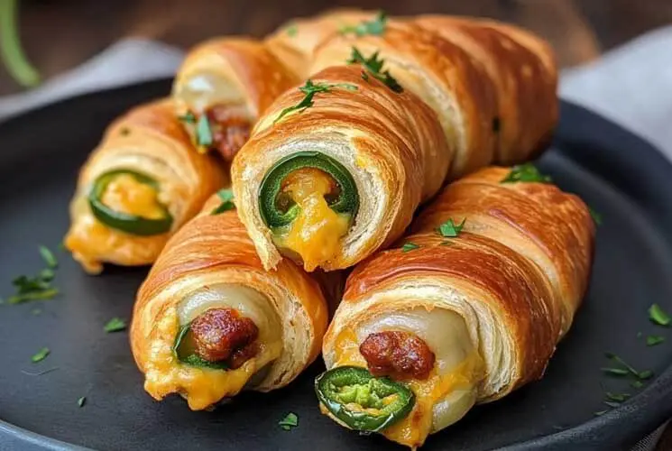 Crescent roll-wrapped appetizers filled with jalapeños, cheddar cheese, and mini sausages, served on a dark plate and topped with chopped parsley