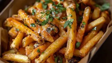 Close-up of crispy French fries smothered in melted cheese, Cajun seasoning, and chopped herbs—classic homemade Louisiana Voodoo Fries served hot.