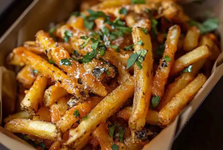 Close-up of crispy French fries smothered in melted cheese, Cajun seasoning, and chopped herbs—classic homemade Louisiana Voodoo Fries served hot.